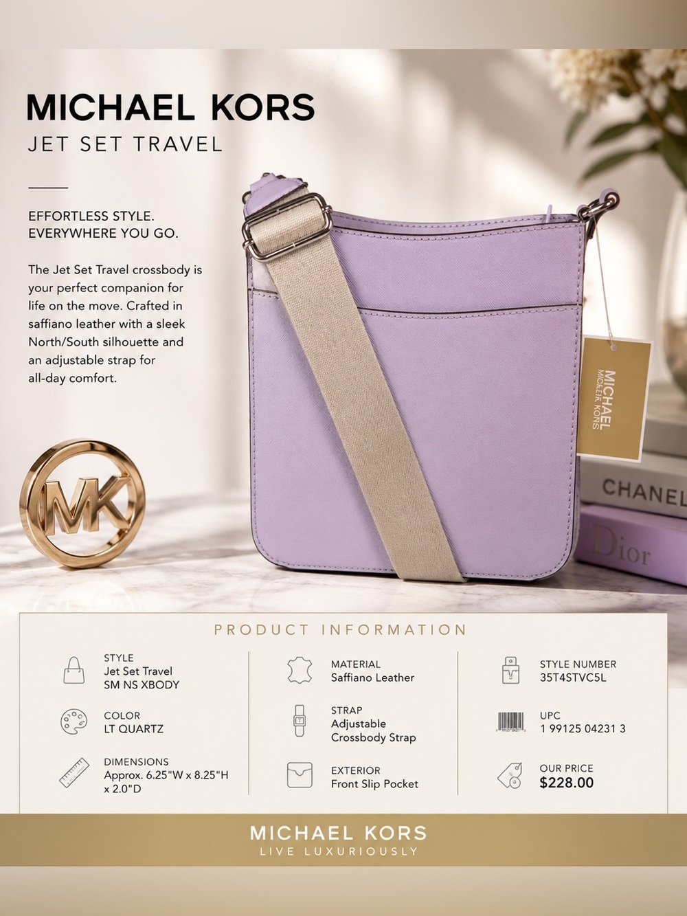Michael Kors Jet Set Travel Small North/South Crossbody Bag
Color: LT Quartz
